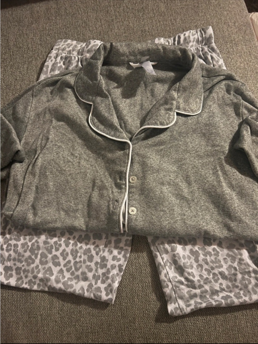 Gray Pajama Set with Leopard Print Pants